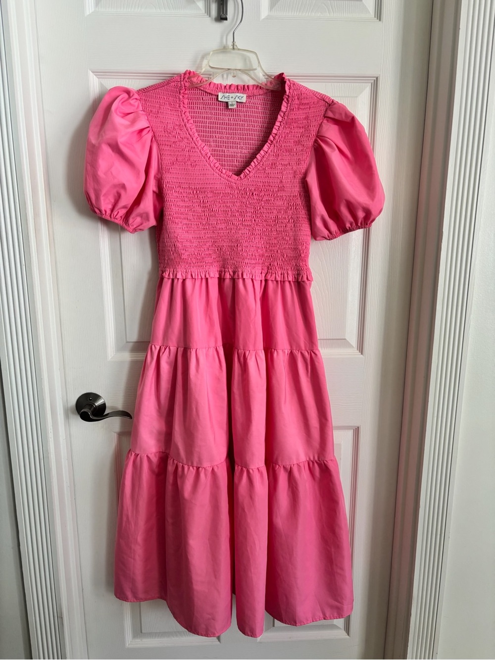 She + Sky Pink Smocked V-Neck Tiered Puff-Sleeve Dress